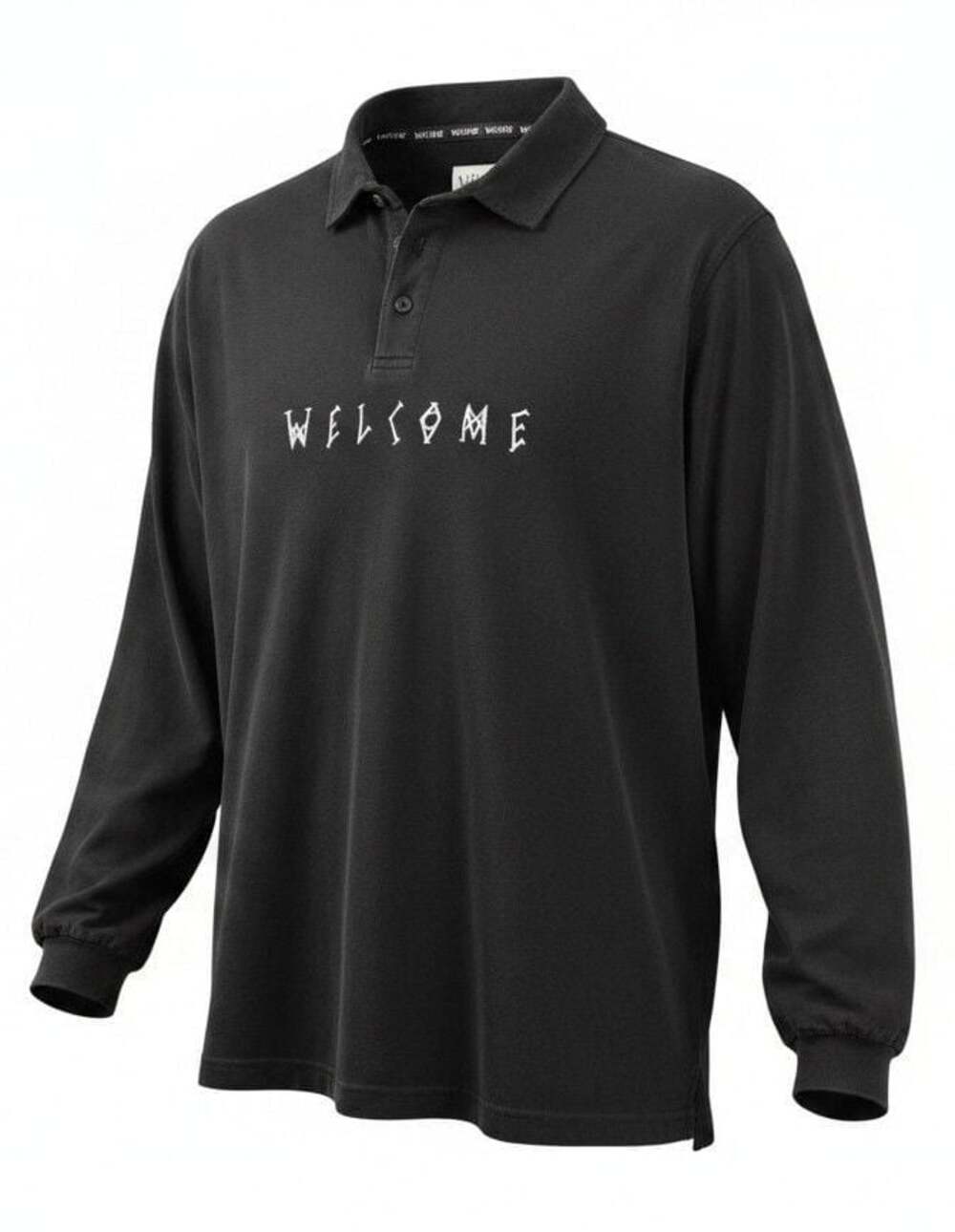 Welcome Skateboards Black Long Sleeve Polo Shirt with Logo Graphic Size L